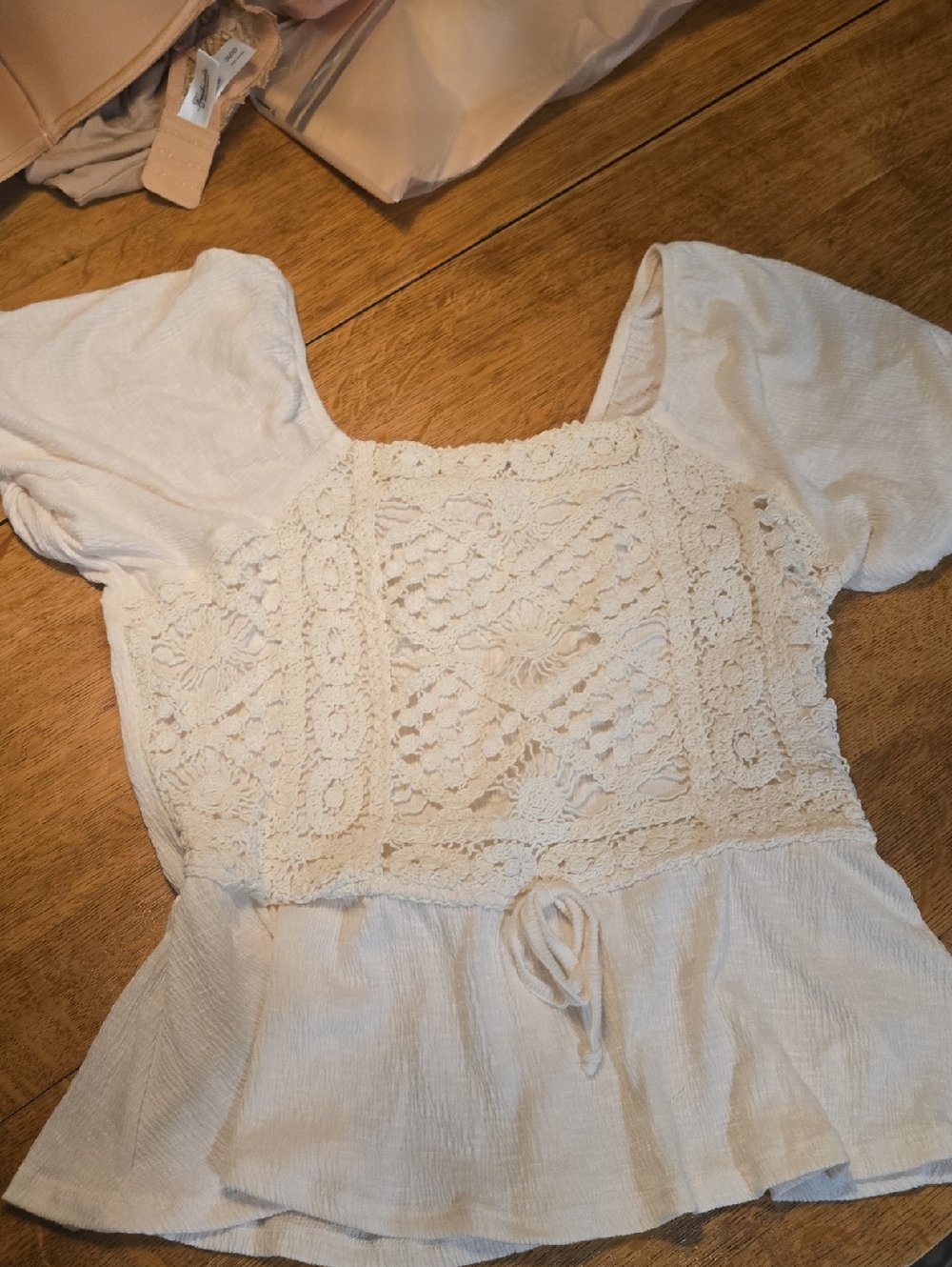 Cream Crochet-Panel Peplum Blouse - Women